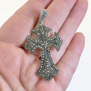 Vintage Marcasite Cross Pendant: Sterling Silver Black Stones Sparkling Gothic